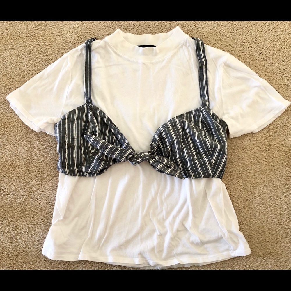 S/Slv Mock Nk Tee w/Stripe Tie front Bra Top Set